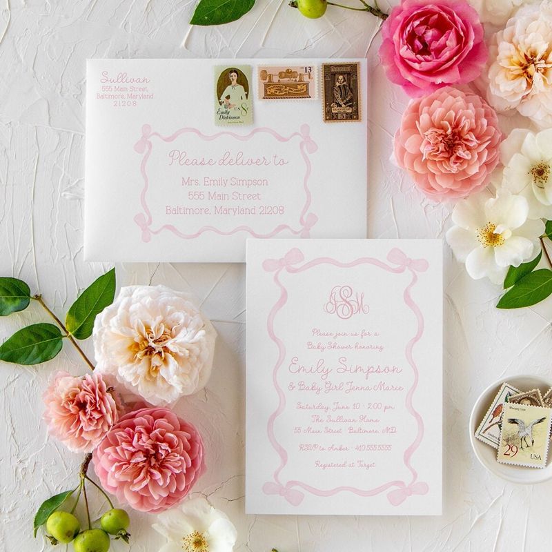 Girl Baby Shower Invitations, Baby Girl Sprinkle Invitation, Pink Bow Monogram, Classic Pink and White, Grandmillenial Sip and See (10 printed invitations | Plain White Envelopes)