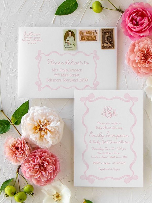 Girl Baby Shower Invitations, Baby Girl Sprinkle Invitation, Pink Bow Monogram, Classic Pink and White, Grandmillenial Sip and See (10 printed invitations | Plain White Envelopes)
