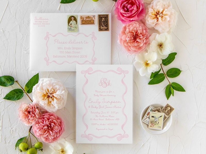 Girl Baby Shower Invitations, Baby Girl Sprinkle Invitation, Pink Bow Monogram, Classic Pink and White, Grandmillenial Sip and See (10 printed invitations | Plain White Envelopes)