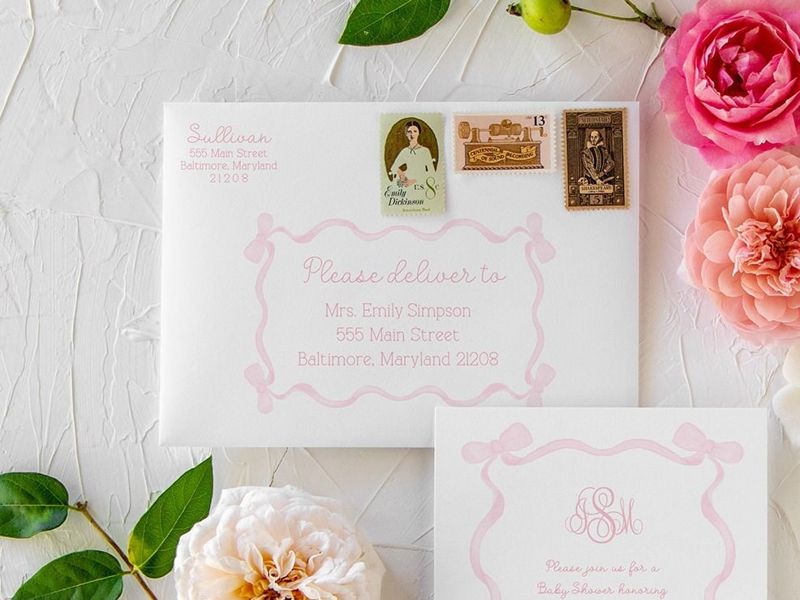 Girl Baby Shower Invitations, Baby Girl Sprinkle Invitation, Pink Bow Monogram, Classic Pink and White, Grandmillenial Sip and See (10 printed invitations | Plain White Envelopes)