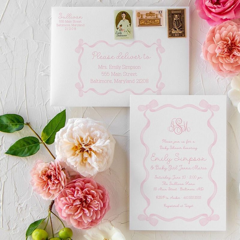 Girl Baby Shower Invitations, Baby Girl Sprinkle Invitation, Pink Bow Monogram, Classic Pink and White, Grandmillenial Sip and See (10 printed invitations | Plain White Envelopes)