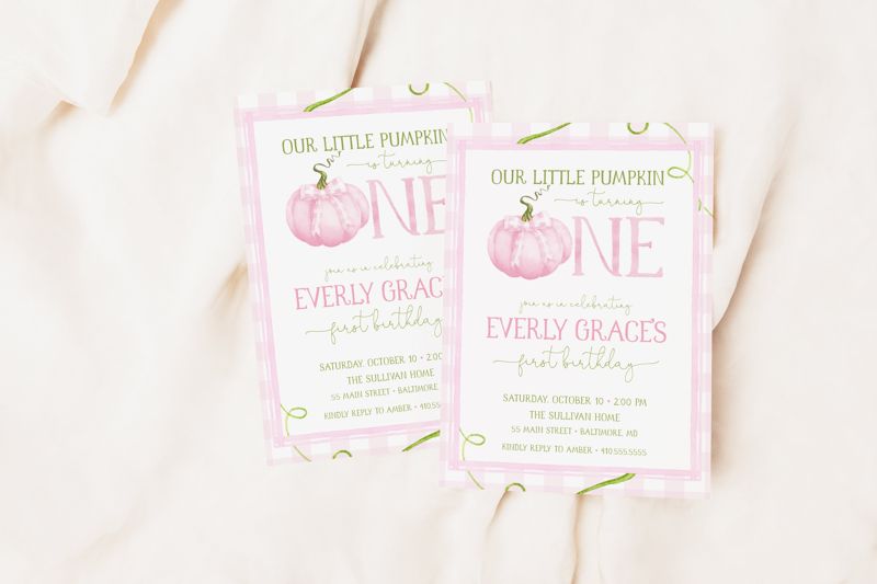 Pumpkin First Birthday Invitation - Fall Girl 1st Birthday Party Invites - Pink Pumpkin - Fall Birthday - Farm Party - Watercolor (10 printed invitations | Plain White Envelopes)