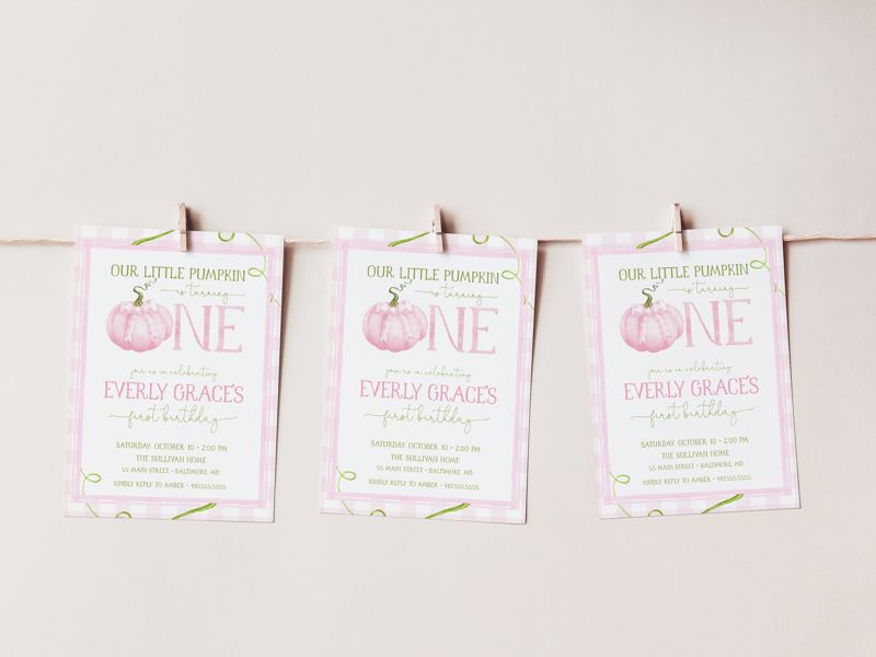 Pumpkin First Birthday Invitation - Fall Girl 1st Birthday Party Invites - Pink Pumpkin - Fall Birthday - Farm Party - Watercolor (10 printed invitations | Plain White Envelopes)