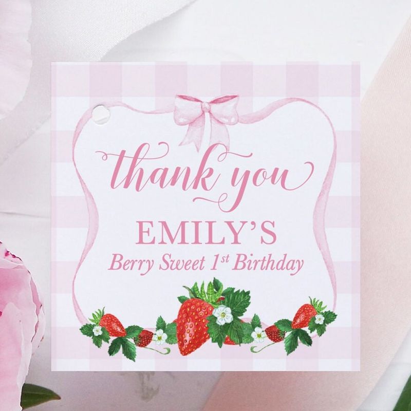 Berry Sweet First Birthday Favor Tag- Girl Baby Sprinkle - Printable Favor Tag - Square Printable Tag - Pink Gingham Bow - Watercolor Bow