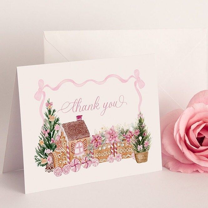 Pink Christmas Baby Girl Shower Thank You Notes - Pink Ribbon Printed Note Cards - Gingerbread Thank You - Heirloom Bow - Watercolor Bow (20 printed notes)