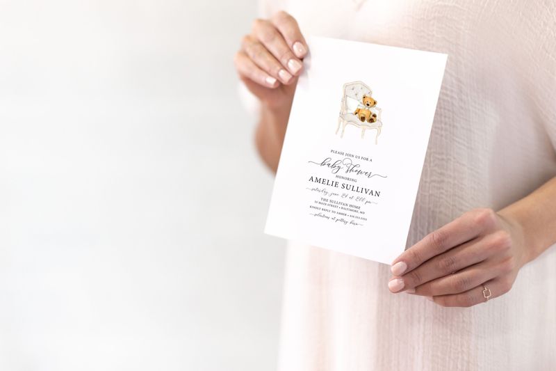 Gray Gender Neutral Teddy Bear Baby Shower Invitation (10 printed invitations | Plain White Envelopes)