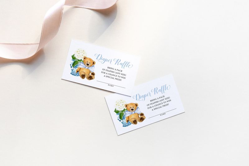 Chinoiserie Diaper Raffle Ticket - Baby Shower Diaper Raffle Insert Cards Printed - Teddy Bear Baby Sprinkle (20 printed cards)