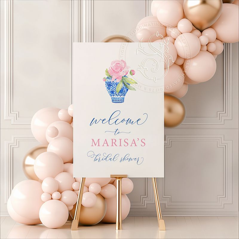 Blue and White Chinoiserie Ginger Jar Sign - Pink Hydrangrea Baby Shower Welcome Sign - Bridal Shower Sign- Bridesmaids Luncheon