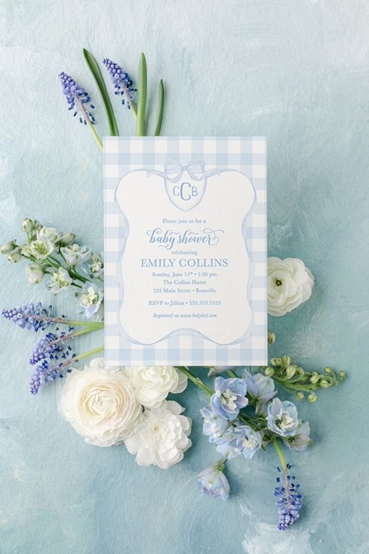 Baby Boy Shower Invitations Soft Blue Gingham Monogram Baby Boy Sprinkle or birthday party invites printed (10 printed invitations, Plain White Envelopes)