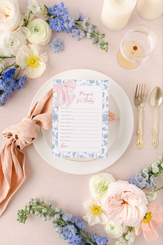 Prayers for Baby Shower Printed Cards Game - Watercolor Pink Bow - Heirloom Bow Baby Sprinkle - Printed Game Cards - Baby Girl Shower (20 printed cards)