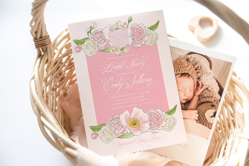 Bridal Shower Invitations - Pink Baby Shower Invitations - Bridesmaids Luncheon - Bridal Tea - Brunch with the Bride - Monogram Crest (10 printed invitations | Plain White Envelopes)