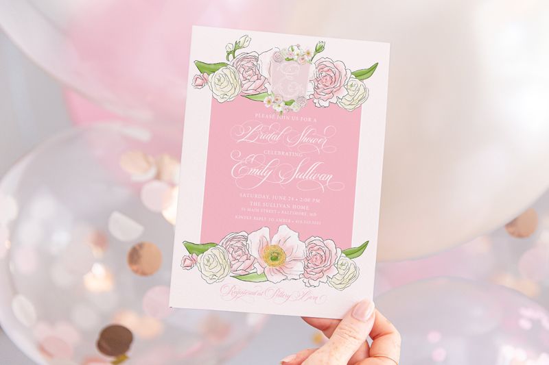 Bridal Shower Invitations - Pink Baby Shower Invitations - Bridesmaids Luncheon - Bridal Tea - Brunch with the Bride - Monogram Crest (10 printed invitations | Plain White Envelopes)