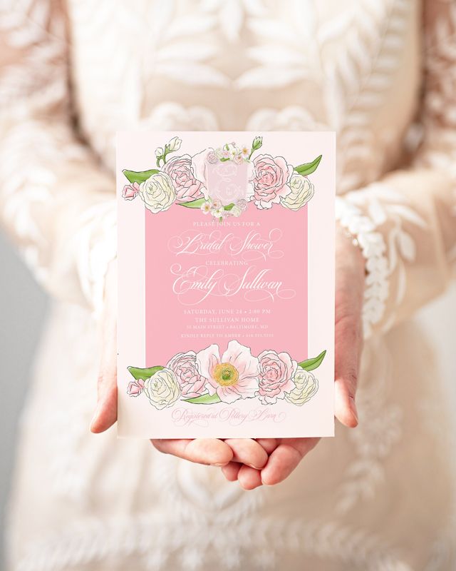 Bridal Shower Invitations - Pink Baby Shower Invitations - Bridesmaids Luncheon - Bridal Tea - Brunch with the Bride - Monogram Crest (10 printed invitations | Plain White Envelopes)