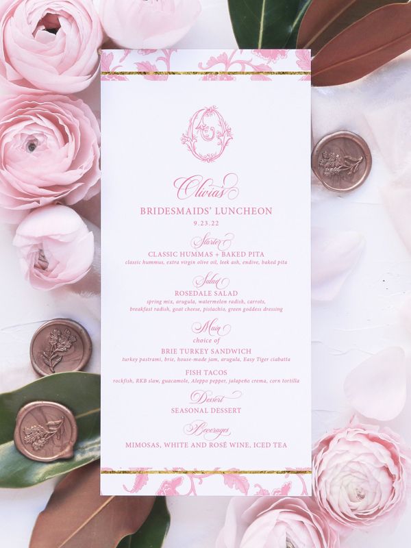 Printable Menu Cards for Pink Chinoiserie Bridal Shower, Bridal Tea Menu Card, Bridesmaids Luncheon Printed Menu, Baby Shower Menu Cards