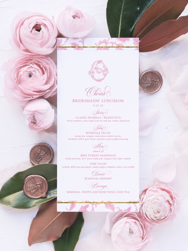 Printable Menu Cards for Pink Chinoiserie Bridal Shower, Bridal Tea Menu Card, Bridesmaids Luncheon Printed Menu, Baby Shower Menu Cards