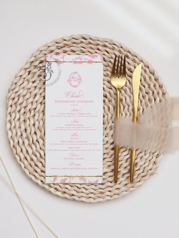 Printable Menu Cards for Pink Chinoiserie Bridal Shower, Bridal Tea Menu Card, Bridesmaids Luncheon Printed Menu, Baby Shower Menu Cards