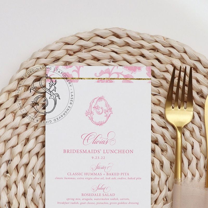 Printable Menu Cards for Pink Chinoiserie Bridal Shower, Bridal Tea Menu Card, Bridesmaids Luncheon Printed Menu, Baby Shower Menu Cards