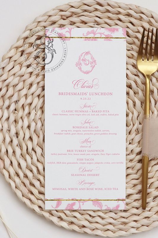 Printable Menu Cards for Pink Chinoiserie Bridal Shower, Bridal Tea Menu Card, Bridesmaids Luncheon Printed Menu, Baby Shower Menu Cards