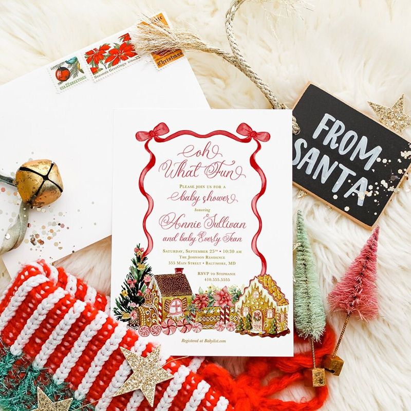 Christmas Baby Shower Invitations - Winter Baby Sprinkle - Gingerbread Invitations - Sip and See - Baby Girl - Cooking Decorating Party (10 printed invitations | Plain White Envelopes)