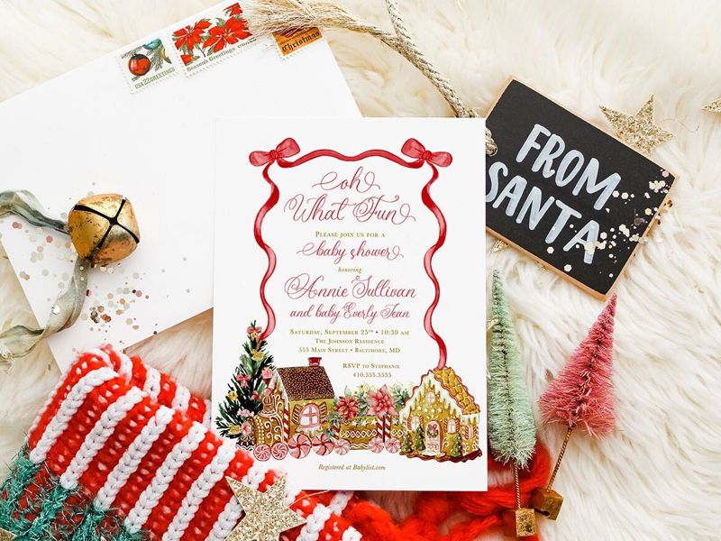 Christmas Baby Shower Invitations - Winter Baby Sprinkle - Gingerbread Invitations - Sip and See - Baby Girl - Cooking Decorating Party (10 printed invitations | Plain White Envelopes)