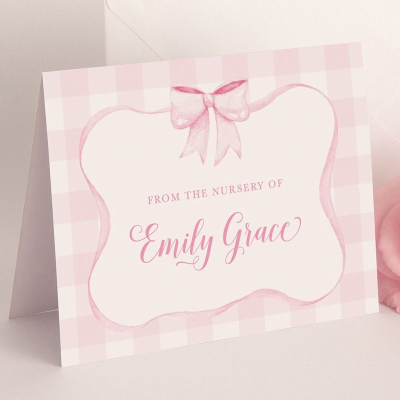 Personalized Thank You Notes for Baby with pink watercolor bow and gingham - Preppy Pink Gingham Bow Thank You Cards - printed note cards (20 printed notes)