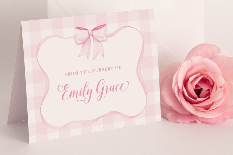Personalized Thank You Notes for Baby with pink watercolor bow and gingham - Preppy Pink Gingham Bow Thank You Cards - printed note cards (20 printed notes)