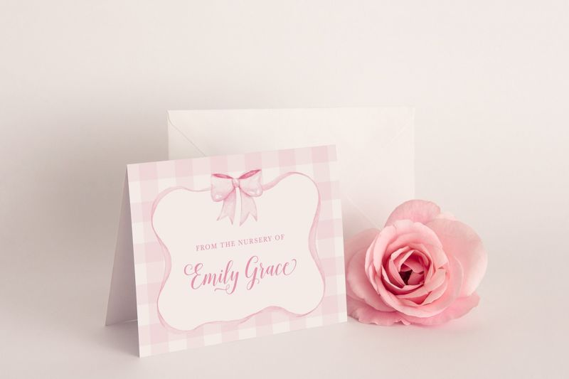 Personalized Thank You Notes for Baby with pink watercolor bow and gingham - Preppy Pink Gingham Bow Thank You Cards - printed note cards (20 printed notes)