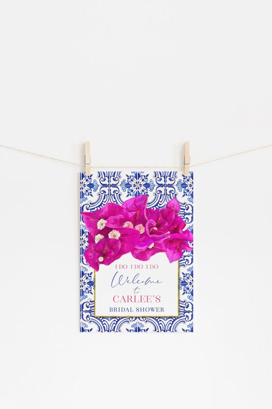 Bougainvillea Blue Tiles Bridal Shower Welcome Sign - 18x24" printed poster - Greek Islands Party (18x24")