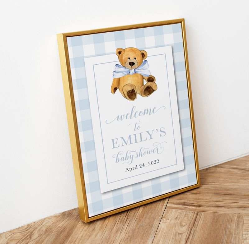 Preppy Gingham Blue Teddy Bear Baby Shower Welcome Sign