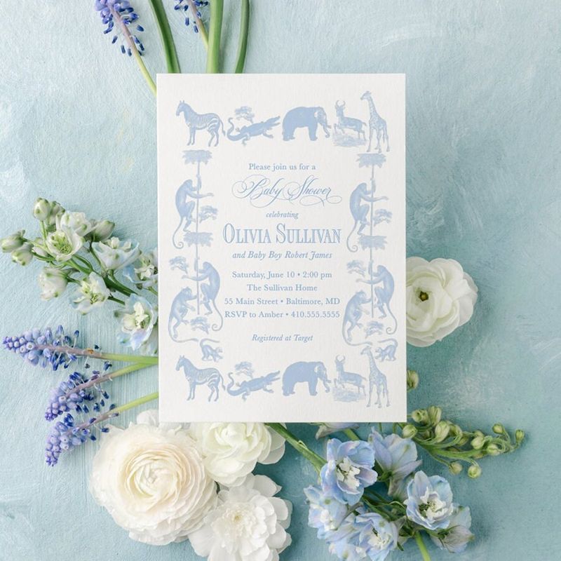 Classic Safari Baby Boy Shower Invitation Safari Animals Boy Baby Sprinkle Traditional - Elephant Monkey Giraffe Zebra Alligator (10 printed invitations | Plain White Envelopes)