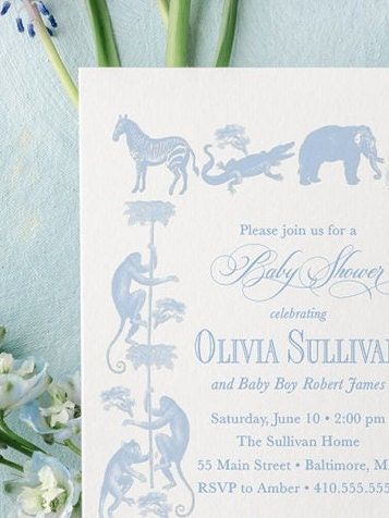 Classic Safari Baby Boy Shower Invitation Safari Animals Boy Baby Sprinkle Traditional - Elephant Monkey Giraffe Zebra Alligator (10 printed invitations | Plain White Envelopes)
