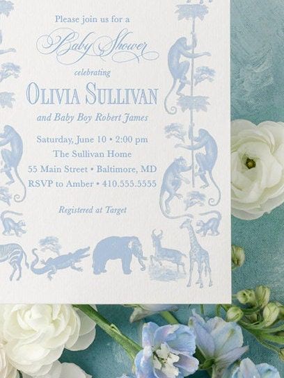 Classic Safari Baby Boy Shower Invitation Safari Animals Boy Baby Sprinkle Traditional - Elephant Monkey Giraffe Zebra Alligator (10 printed invitations | Plain White Envelopes)