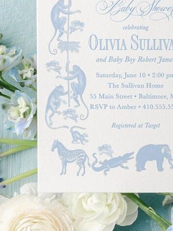 Classic Safari Baby Boy Shower Invitation Safari Animals Boy Baby Sprinkle Traditional - Elephant Monkey Giraffe Zebra Alligator (10 printed invitations | Plain White Envelopes)