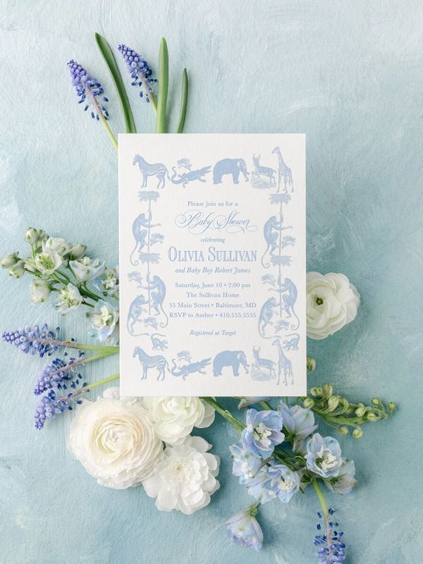 Classic Safari Baby Boy Shower Invitation Safari Animals Boy Baby Sprinkle Traditional - Elephant Monkey Giraffe Zebra Alligator (10 printed invitations | Plain White Envelopes)