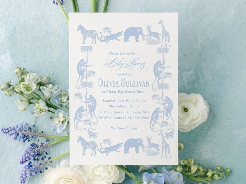 Classic Safari Baby Boy Shower Invitation Safari Animals Boy Baby Sprinkle Traditional - Elephant Monkey Giraffe Zebra Alligator (10 printed invitations | Plain White Envelopes)
