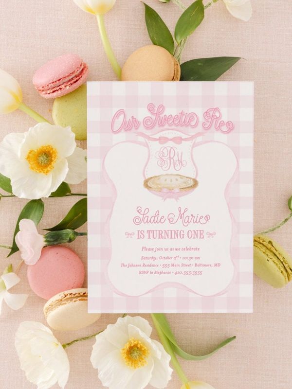 Girl First Birthday Invitation Pie - Our Sweetie Pie Party - Preppy Pink Monogram Watercolor Crest - Gingham Bow Party - Girl Birthday Party (10 printed invitations, Plain White Envelopes)