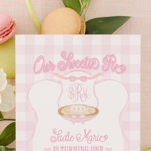 Girl First Birthday Invitation Pie - Our Sweetie Pie Party - Preppy Pink Monogram Watercolor Crest - Gingham Bow Party - Girl Birthday Party (10 printed invitations, Plain White Envelopes)
