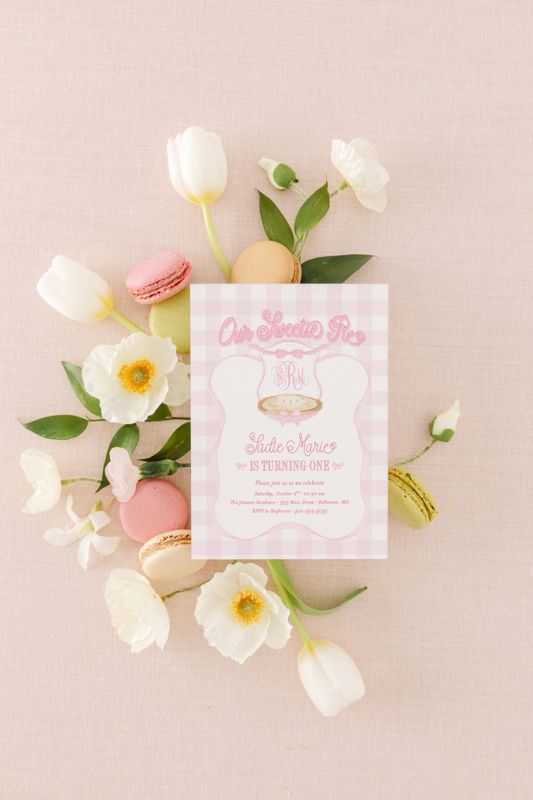 Girl First Birthday Invitation Pie - Our Sweetie Pie Party - Preppy Pink Monogram Watercolor Crest - Gingham Bow Party - Girl Birthday Party (10 printed invitations, Plain White Envelopes)