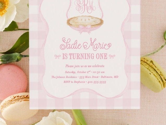 Girl First Birthday Invitation Pie - Our Sweetie Pie Party - Preppy Pink Monogram Watercolor Crest - Gingham Bow Party - Girl Birthday Party (10 printed invitations, Plain White Envelopes)
