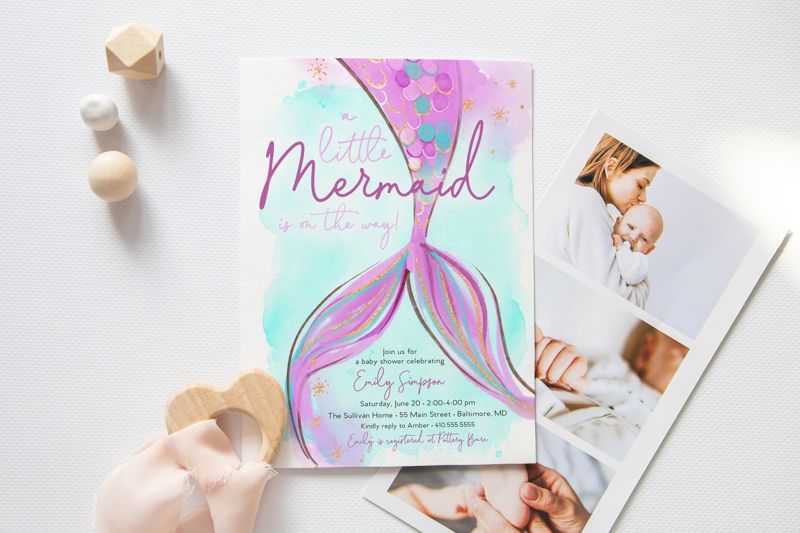 Purple Mermaid Baby Shower Invitation - Under the Sea Baby Shower - Mermaid on the Way Invite (10 printed invitations, Plain White Envelopes)