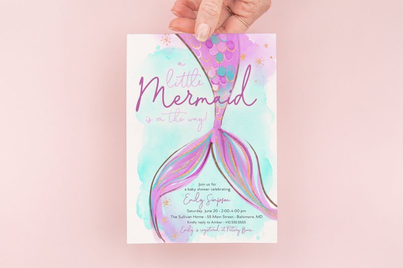 Purple Mermaid Baby Shower Invitation - Under the Sea Baby Shower - Mermaid on the Way Invite (10 printed invitations, Plain White Envelopes)