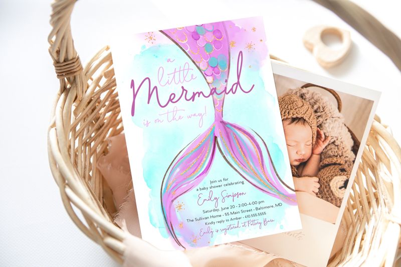 Purple Mermaid Baby Shower Invitation - Under the Sea Baby Shower - Mermaid on the Way Invite (10 printed invitations, Plain White Envelopes)