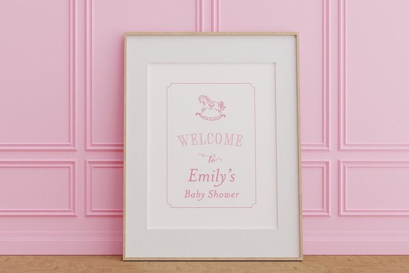 Baby Girl Shower Welcome Sign Printed - Pink and White Rocking Horse - Classic Baby girl Sprinkle Signage - Printed 18x24" Welcome Poster (18x24")