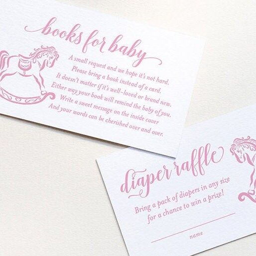 PRINTED Baby Shower Books for Baby or Diaper Raffle Insert Cards - Girl Baby Sprinkle - Pink Rocking Horse Bring a book instead of a card (20 printed cards, Books for Baby)