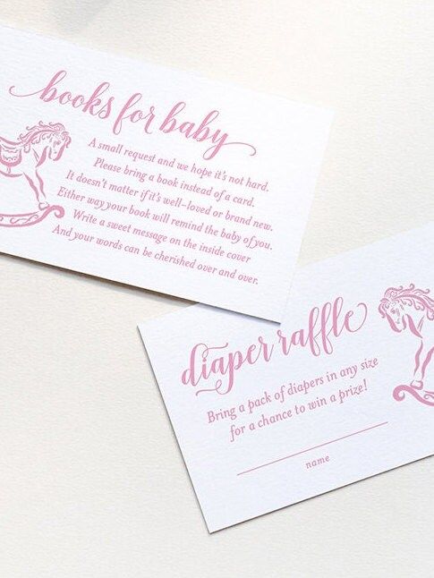 PRINTED Baby Shower Books for Baby or Diaper Raffle Insert Cards - Girl Baby Sprinkle - Pink Rocking Horse Bring a book instead of a card (20 printed cards, Books for Baby)
