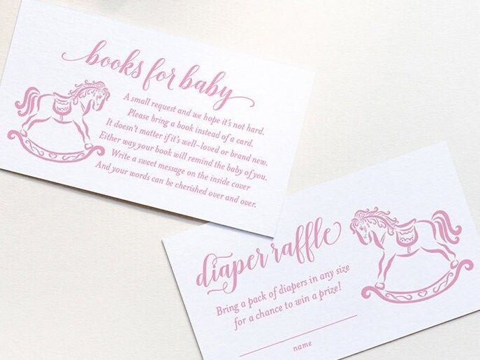 PRINTED Baby Shower Books for Baby or Diaper Raffle Insert Cards - Girl Baby Sprinkle - Pink Rocking Horse Bring a book instead of a card (20 printed cards, Books for Baby)