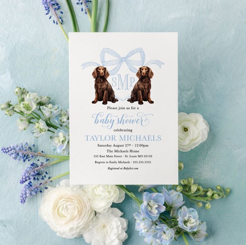Baby boy Shower invitations with Boykin Spaniels Blue Monogram Bow Crest Baby Boy Sprinkle Invites with Dogs (10 printed invitations | Plain White Envelopes)