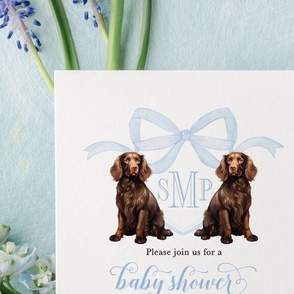 Baby boy Shower invitations with Boykin Spaniels Blue Monogram Bow Crest Baby Boy Sprinkle Invites with Dogs (10 printed invitations | Plain White Envelopes)