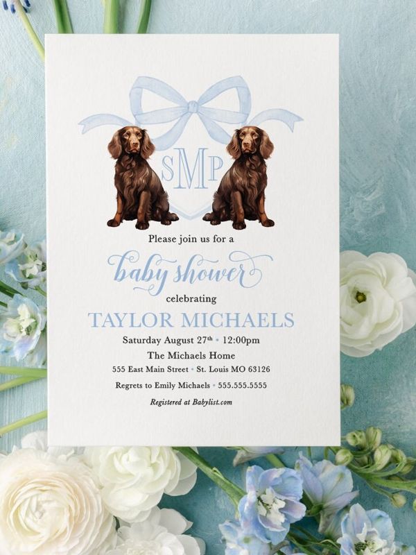 Baby boy Shower invitations with Boykin Spaniels Blue Monogram Bow Crest Baby Boy Sprinkle Invites with Dogs (10 printed invitations | Plain White Envelopes)