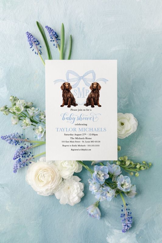 Baby boy Shower invitations with Boykin Spaniels Blue Monogram Bow Crest Baby Boy Sprinkle Invites with Dogs (10 printed invitations | Plain White Envelopes)
